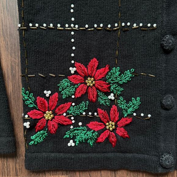 White Stag Black Poinsettia Embroidered Holiday Cardigan Women’s Small - Picture 6 of 12